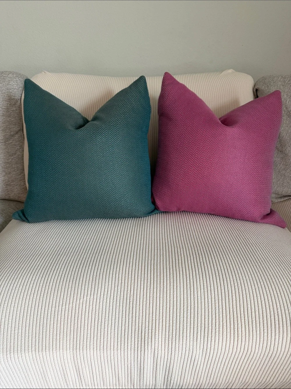 Room and Board Decorative Teal and Magenta Herringbone Throw Pillows - Set of 2